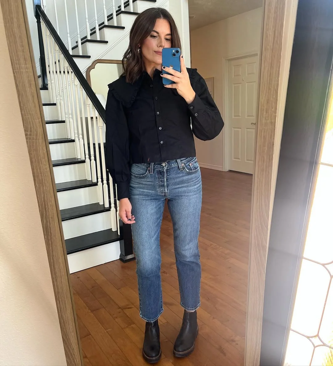 Black Statement Collar Top and High-Waisted Denim