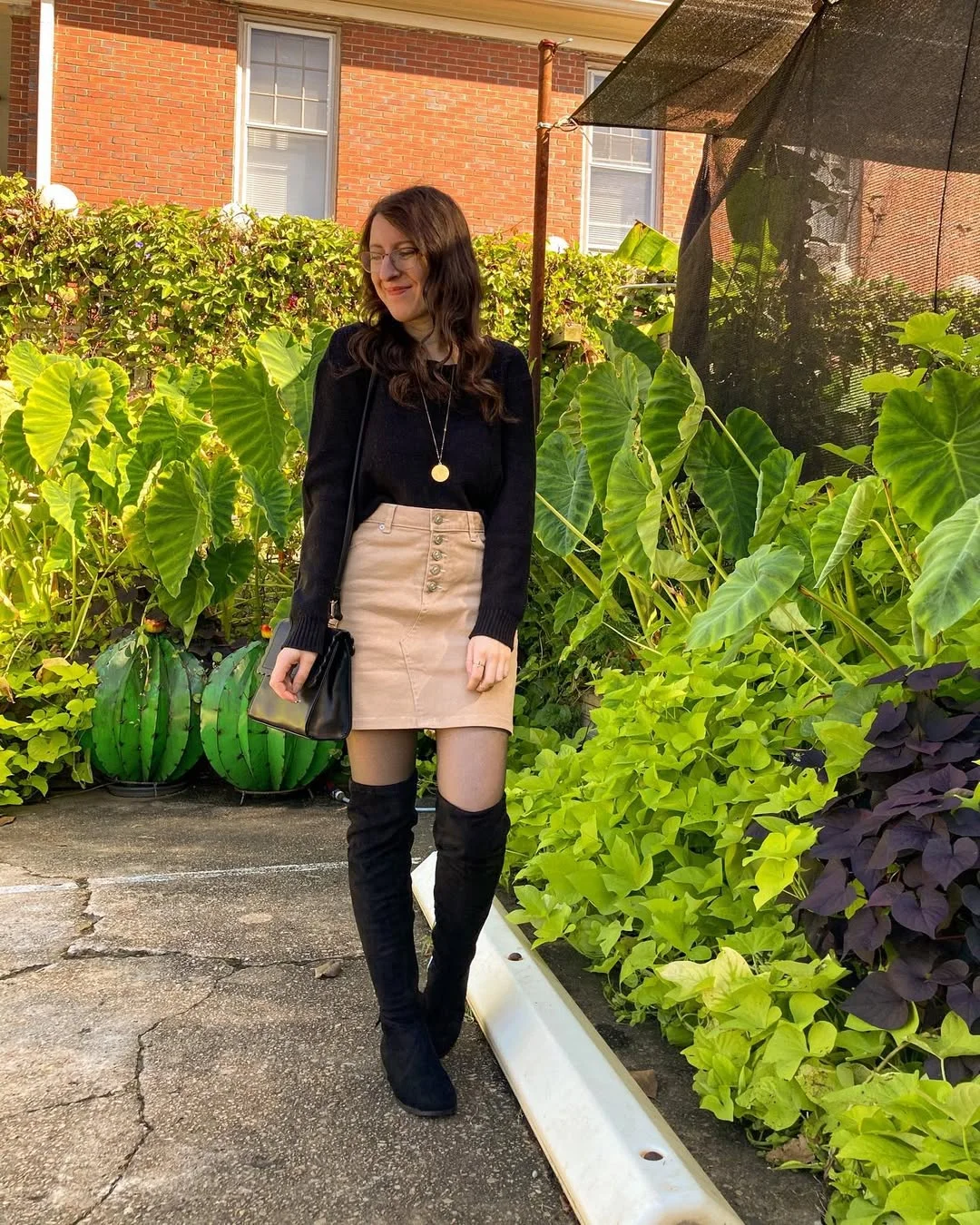 Black Sweater with Tan Button-Front Mini Skirt and Boots