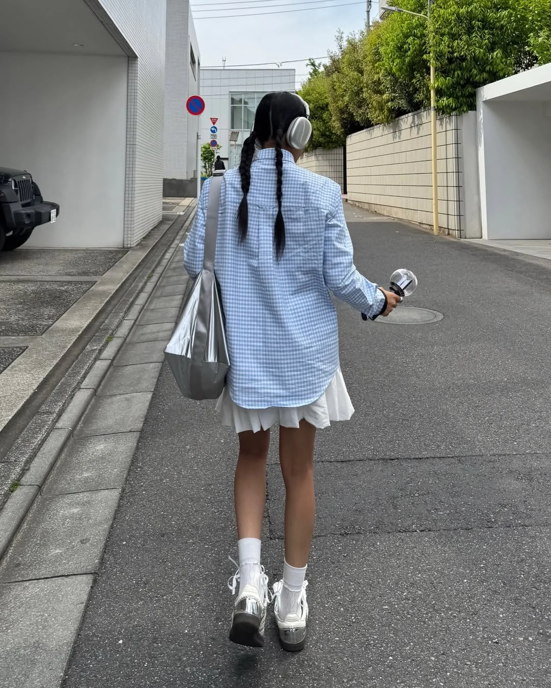 Blue Gingham Oversized Shirt With Mini Skirt Look