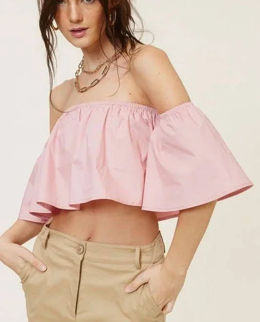 Boho Pink Darcie Flowy Off-Shoulder Crop Top