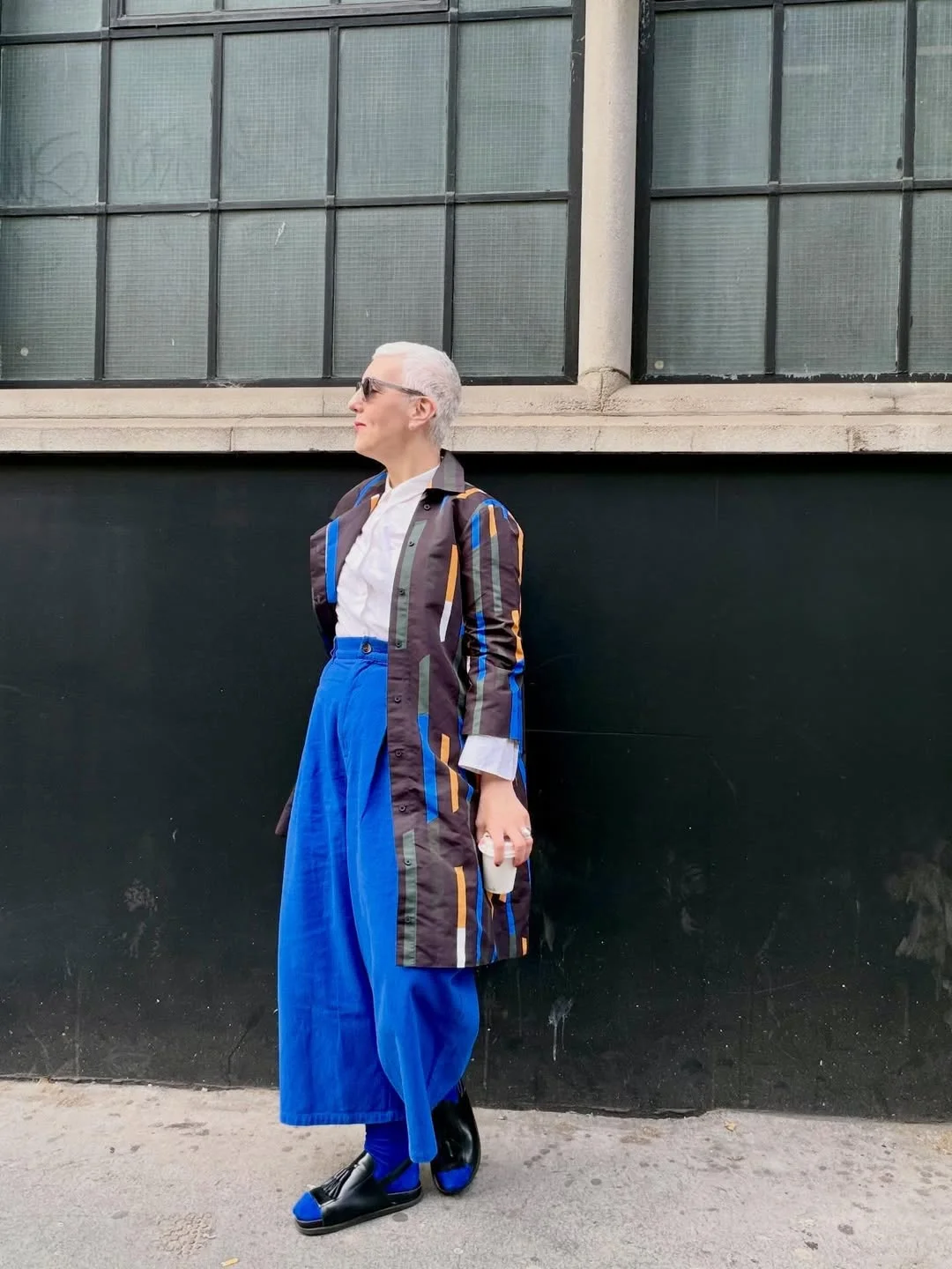 Bold Blue Wide-Leg Trousers With Striped Duster Coat