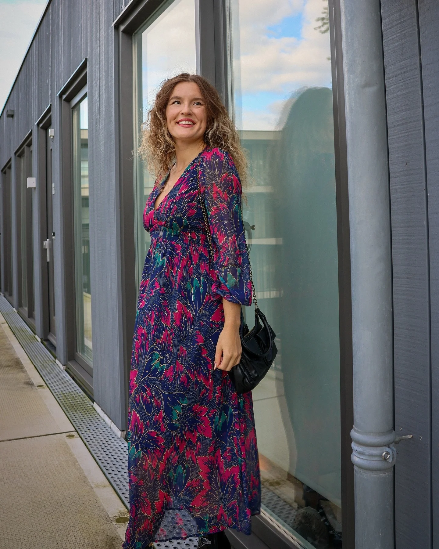 Bold Floral Maxi Dress With Black Accents