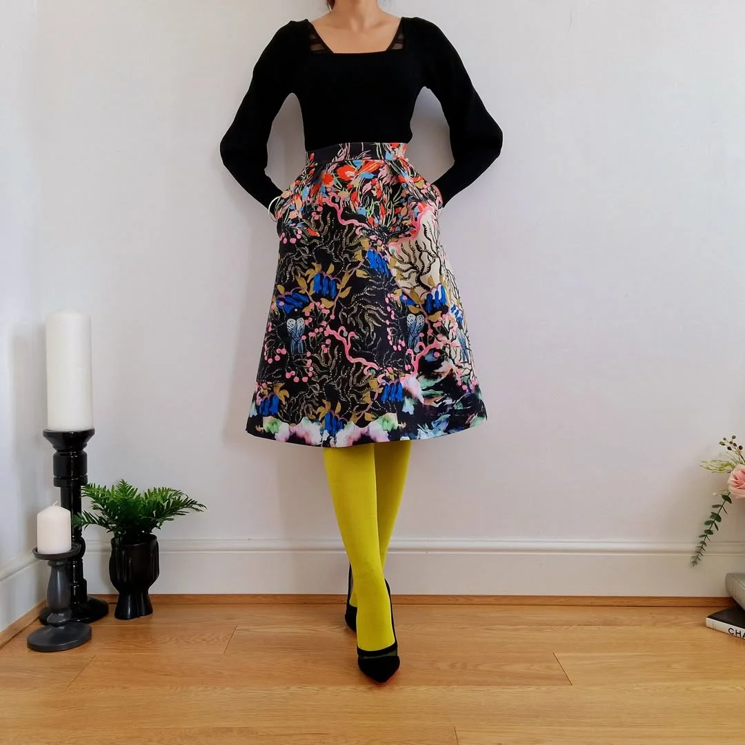 Bold Patterned Midi Skirt With Bright Tights