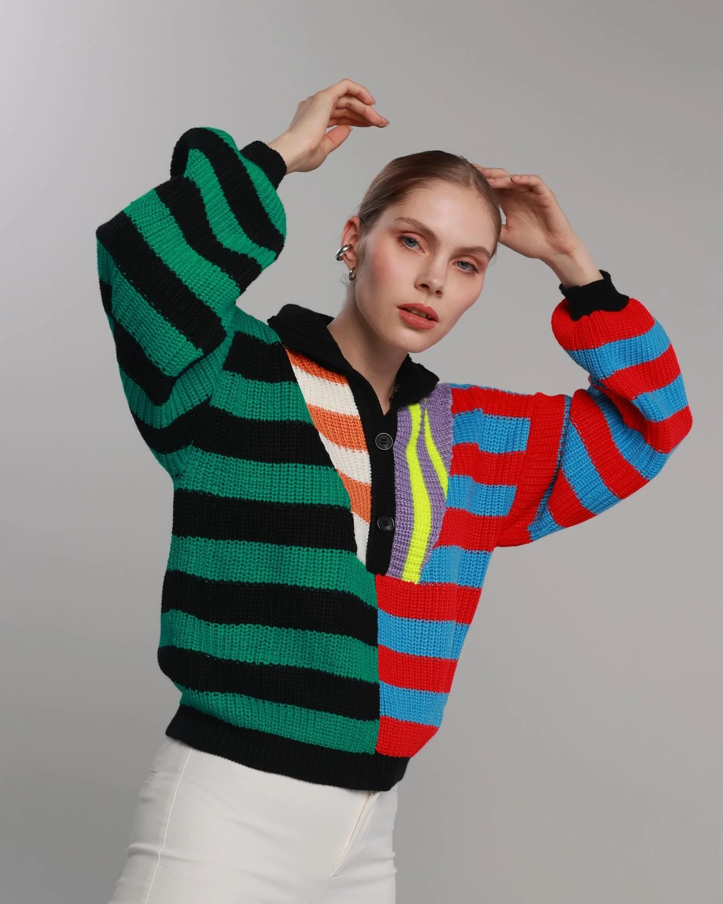 Bold Striped Colorblock Knit With White Trousers