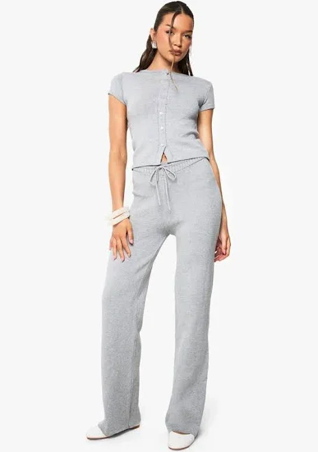 Boohoo Women's Knitted Button Through T-Shirt and Wide Leg Trouser Set