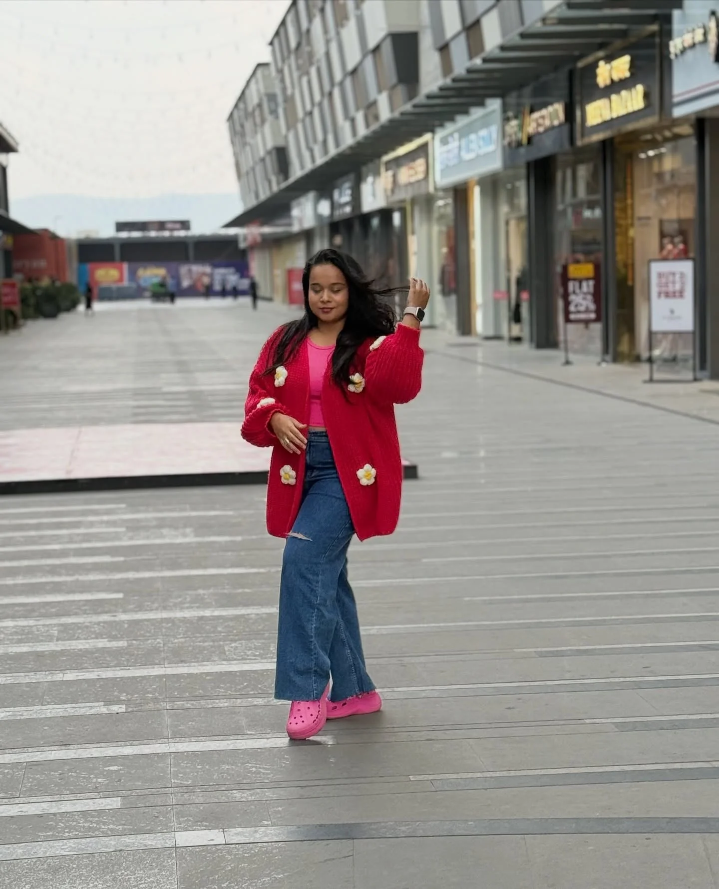 Bright Red Floral Cardigan With Wide Leg Jeans
