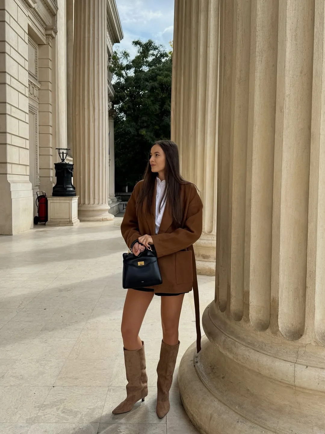 Brown Blazer Knee-High Boots Transitional Outfit