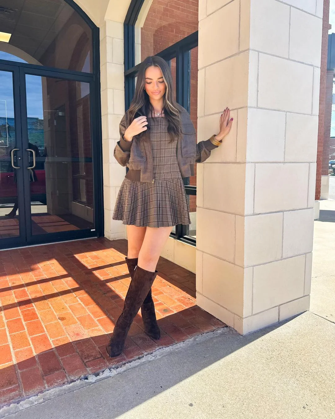 Brown Plaid Mini Dress With Suede Boots