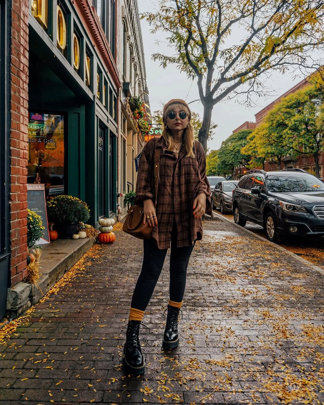 Brown Plaid Overshirt With Black Leggings & Combat Boots