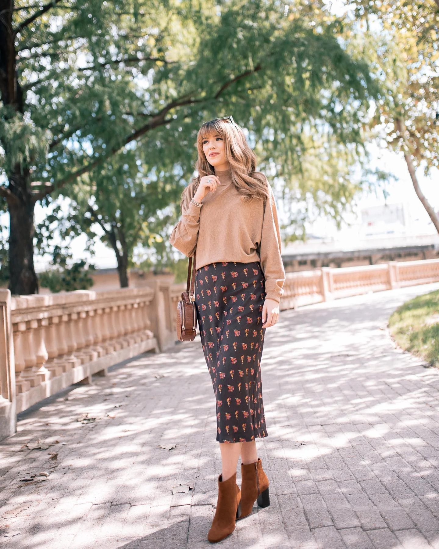 Brown Suede Booties And Floral Midi Skirt