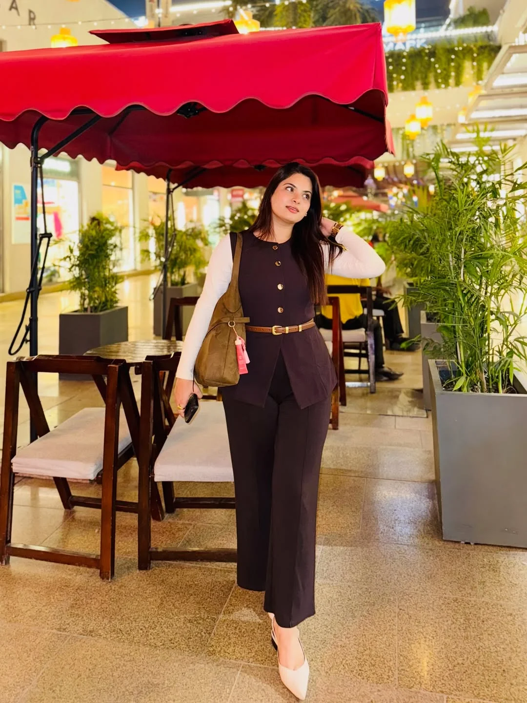 Brown Vest and Trouser With White Top Ensemble