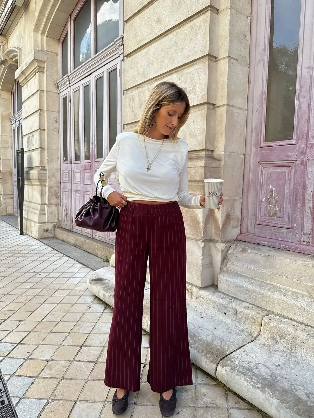 Burgundy Pinstripe Wide Leg Trousers With Cream Top