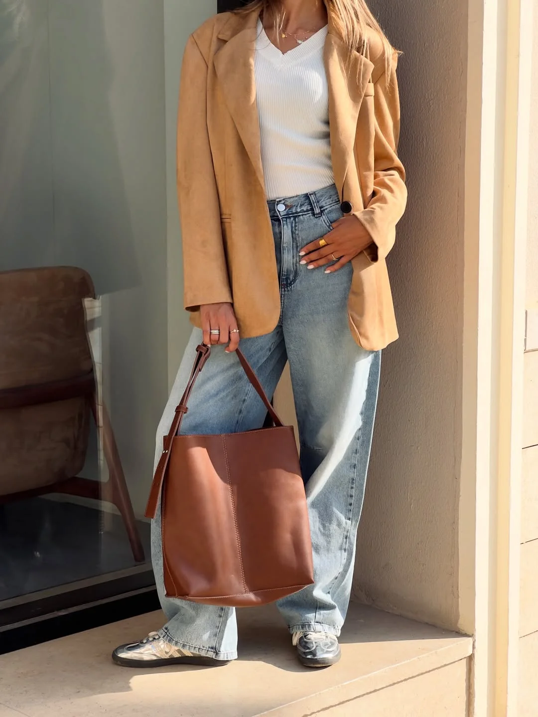 Camel Blazer With Light Wash Jeans And Tote
