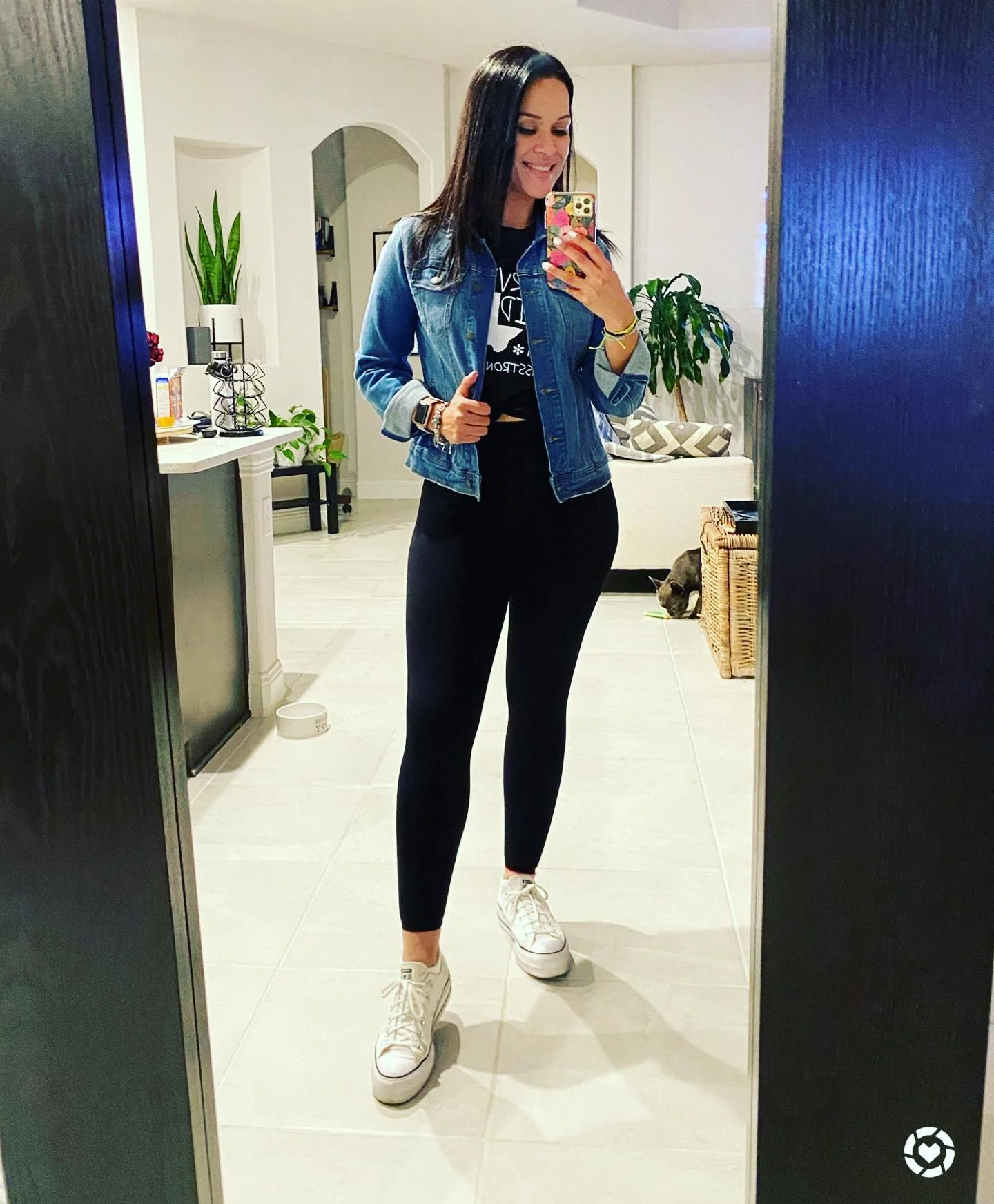 Casual Denim Jacket And Black Leggings Street Style