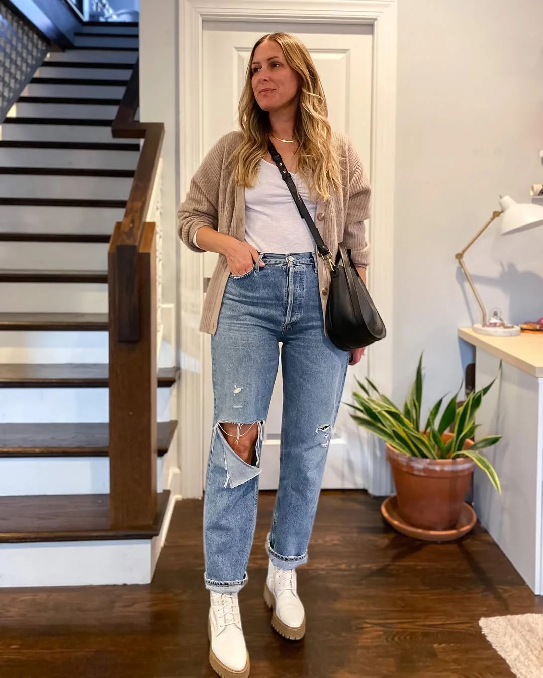 Casual Fall Outfit With Distressed Denim and Cardigan