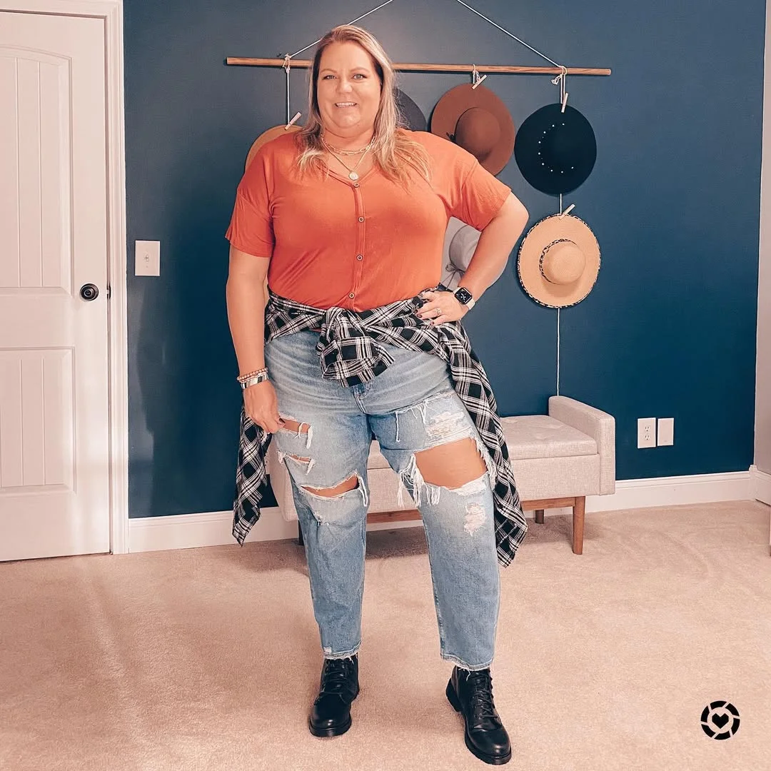 Casual Orange Button-Up With Ripped Jeans