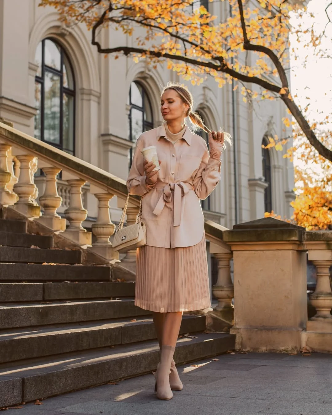Chic Beige Shirt Dress With Pleated Skirt
