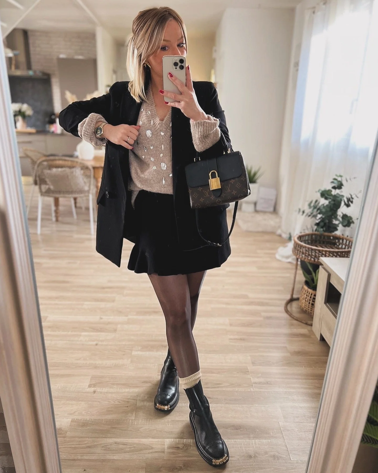 Chic Black Blazer With Embellished Sweater And Mini Skirt