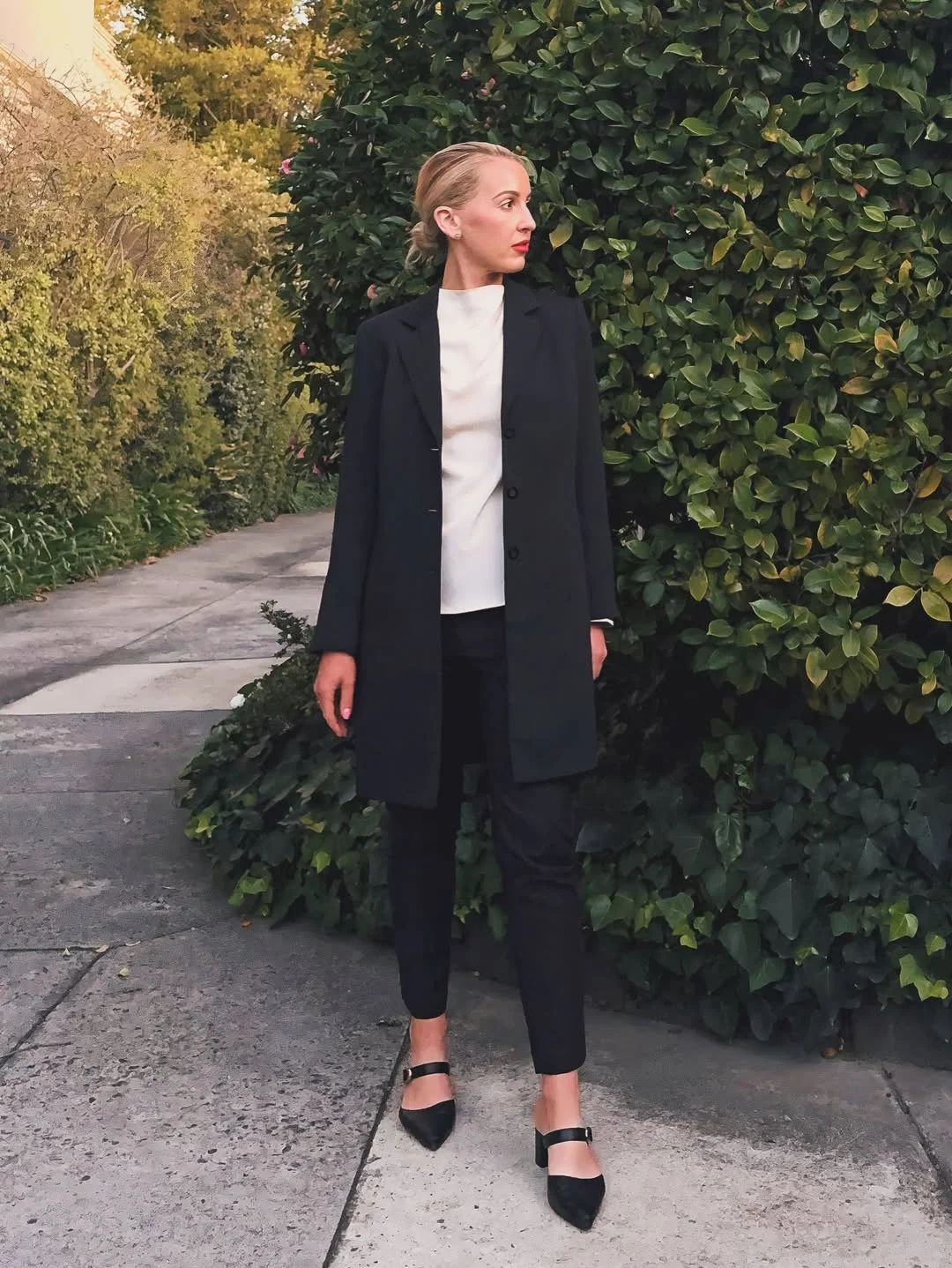 Chic Black Blazer With Ivory Top and Trousers
