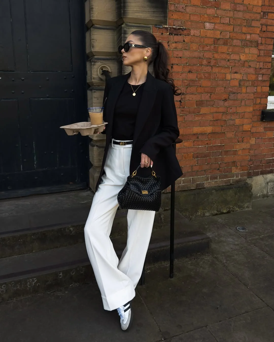 Chic Black Blazer With White Wide Leg Trousers