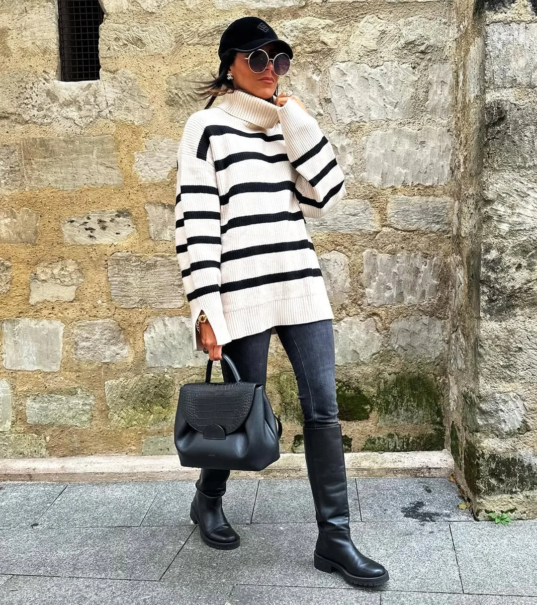 Chic Black Knee-High Boots And Striped Sweater