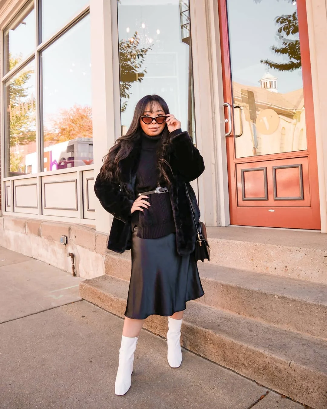 Chic Black Midi Skirt And Faux Fur Coat Outfit