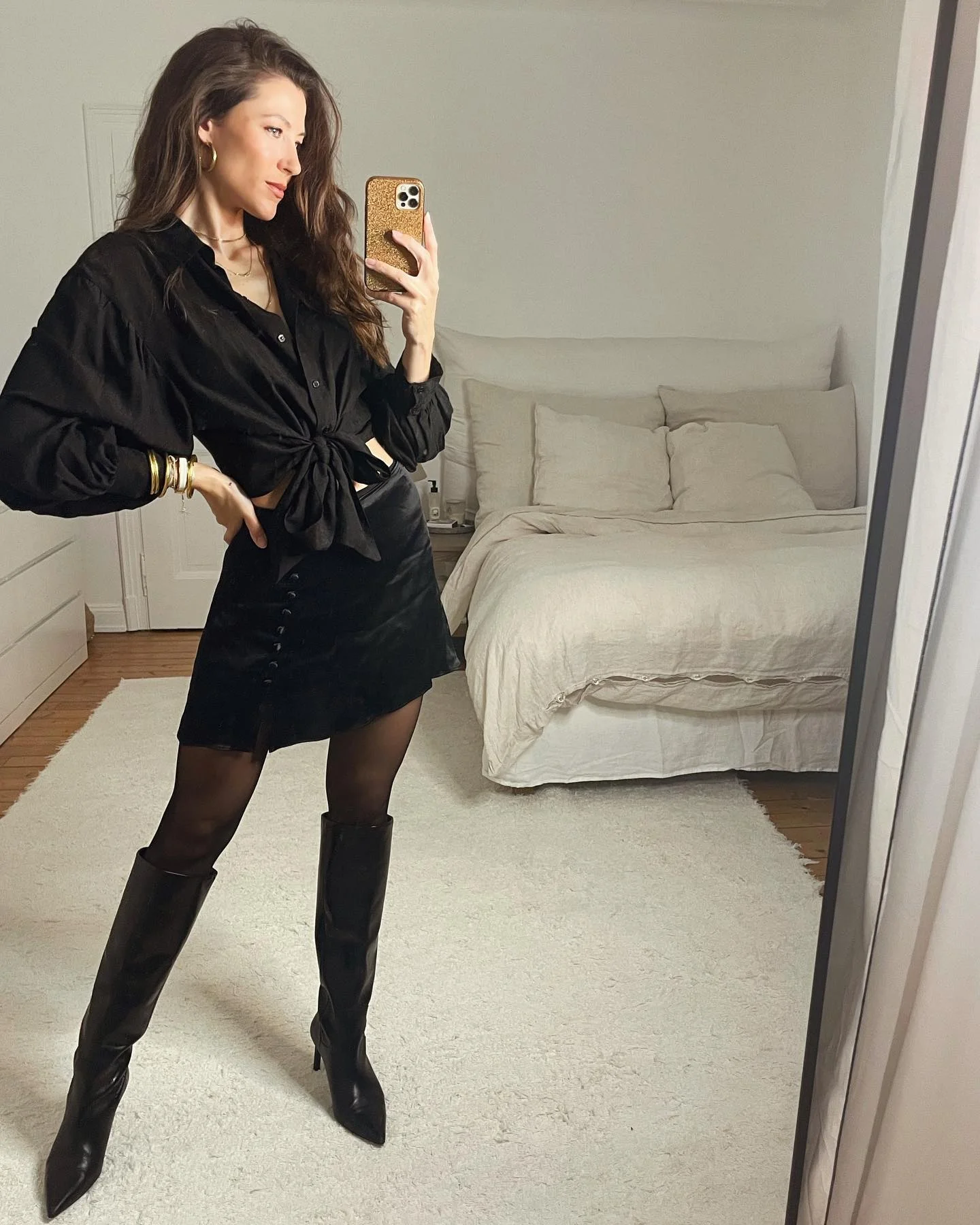 Chic Black Satin Mini Skirt And Button Down