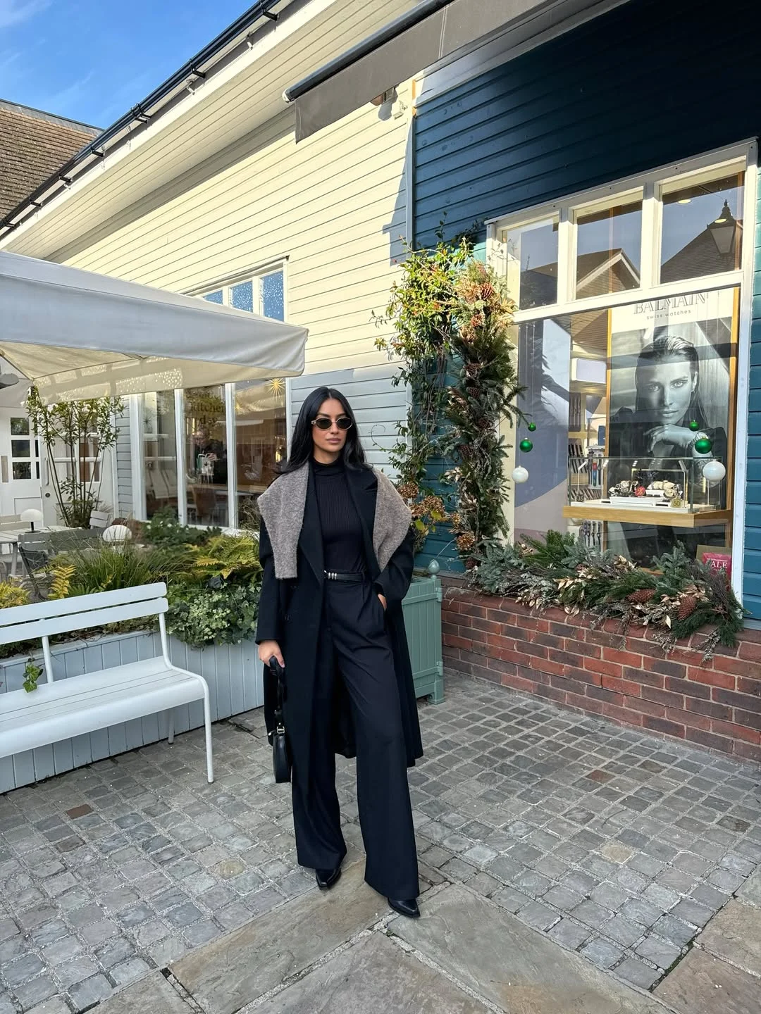Chic Black Trouser Suit With Statement Scarf