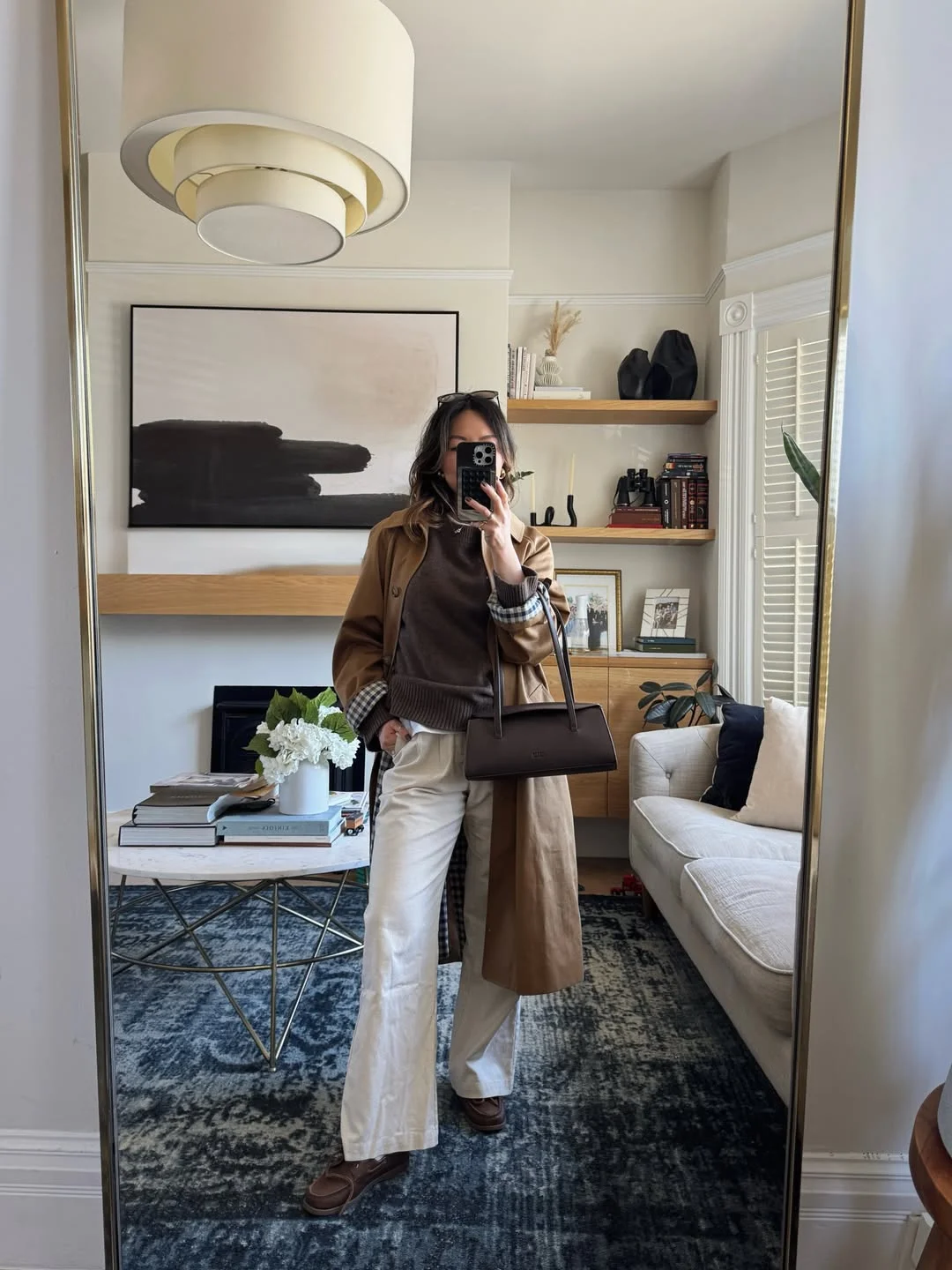 Chic Brown Layering With Cream Wide-Leg Trousers