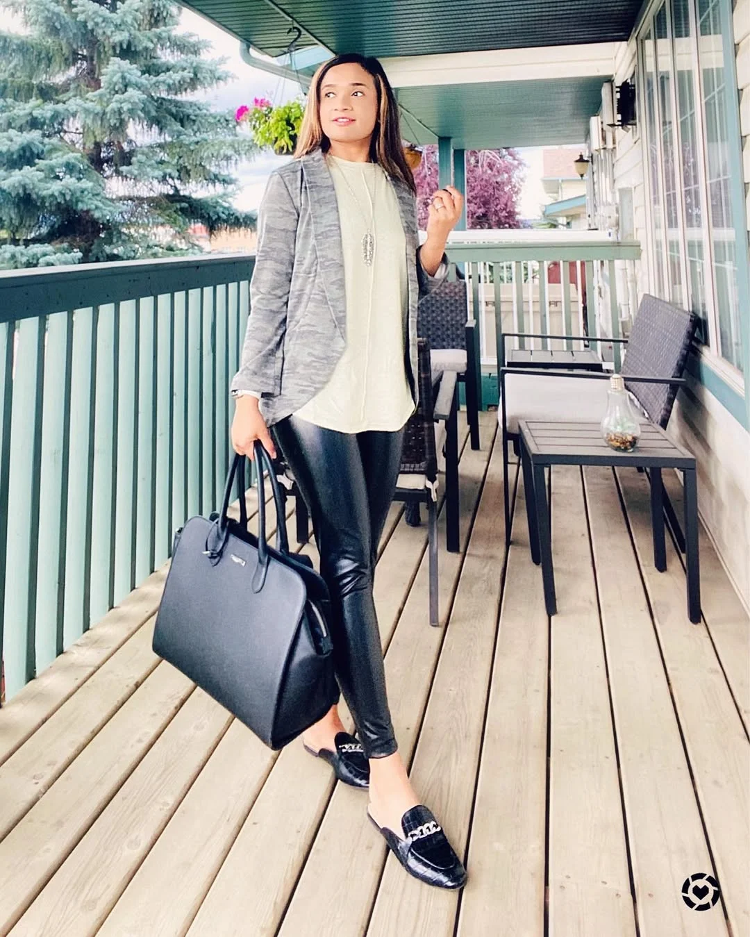 Chic Camo Blazer and Black Leather Pants Outfit