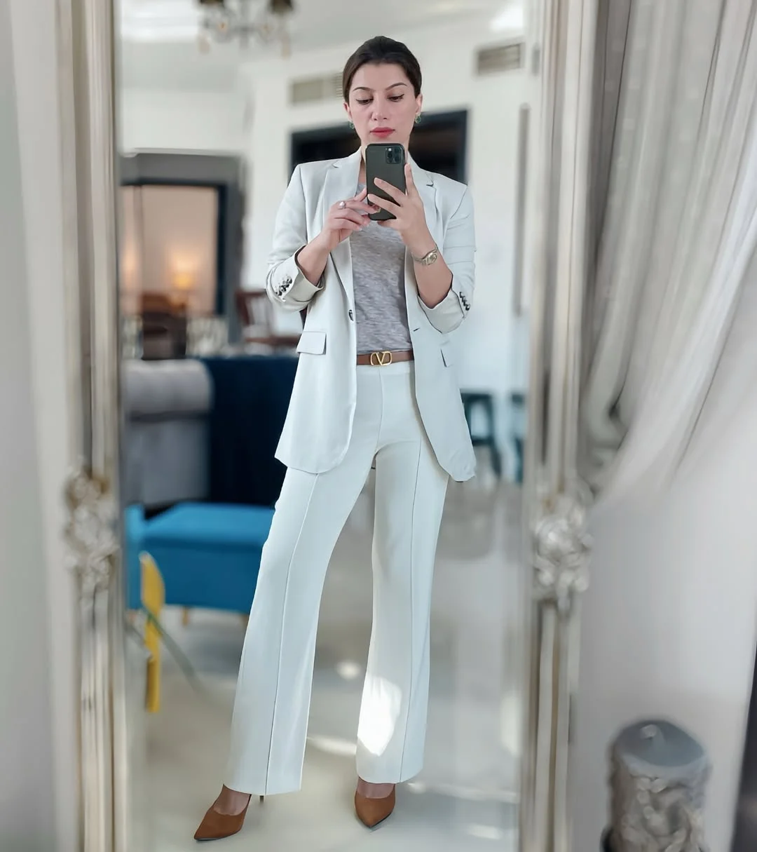 Chic Cream Blazer and Flared Trouser Office Ensemble