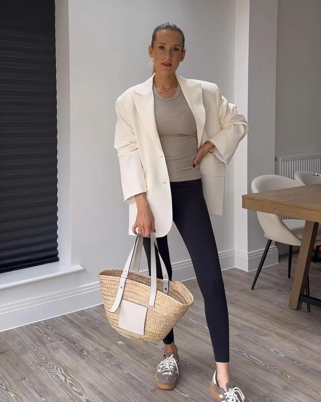 Chic Cream Blazer With Black Leggings And Sneakers