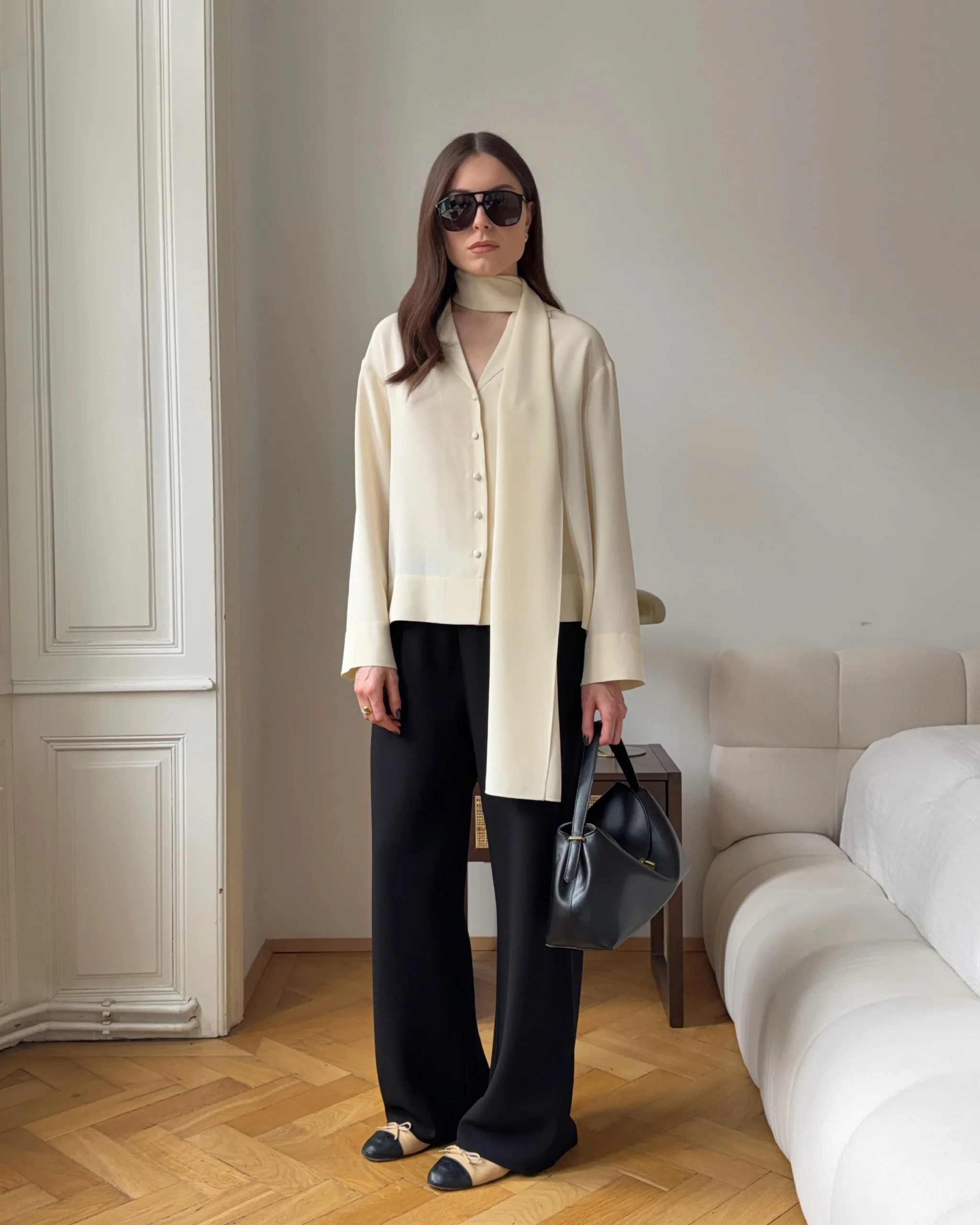 Chic Cream Bow Blouse With Wide Leg Trousers