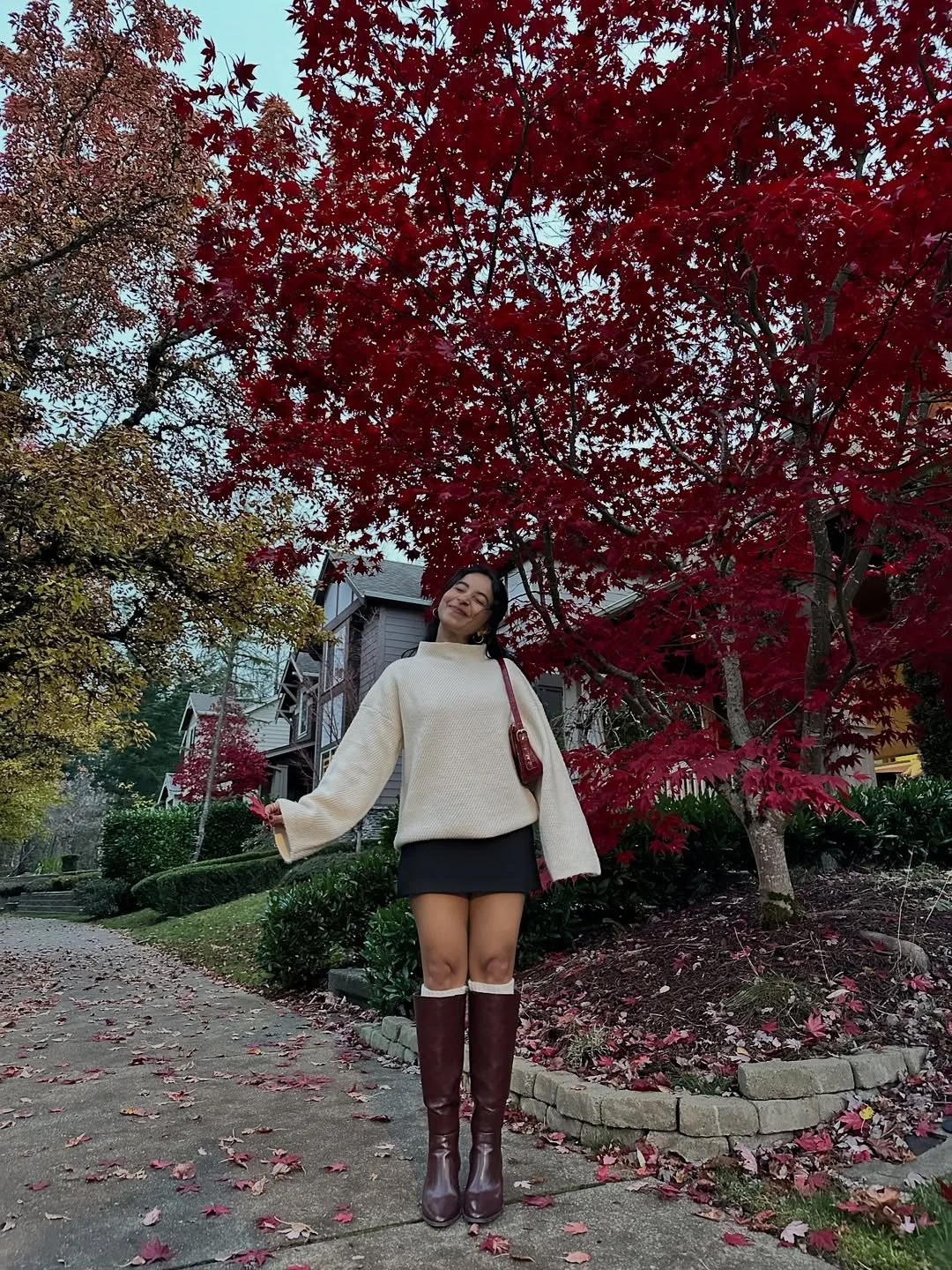 Chic Cream Sweater With Burgundy Knee-High Boots