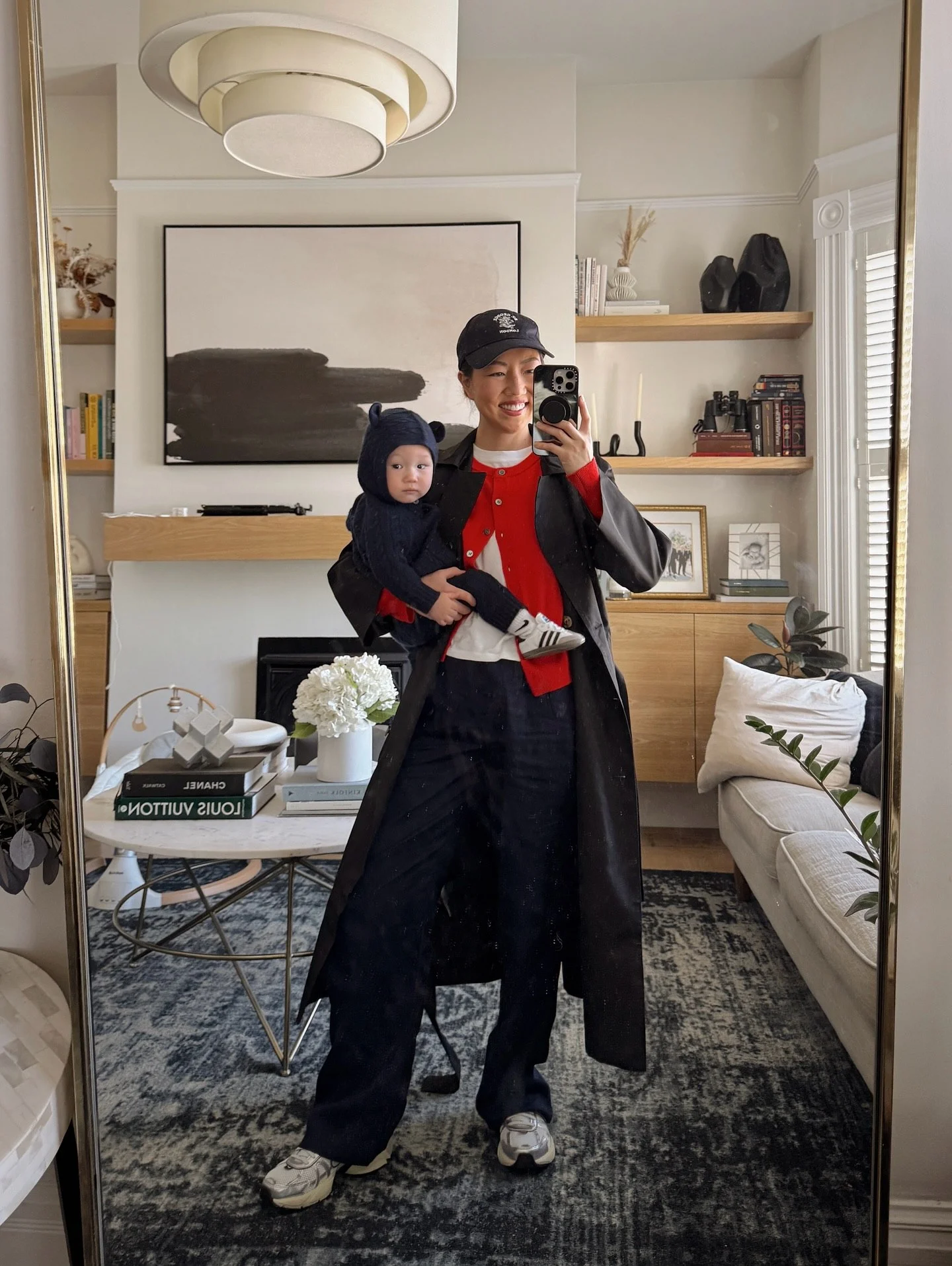 Chic Mom Outfit: Trench, Cardigan, Wide-Leg Pants