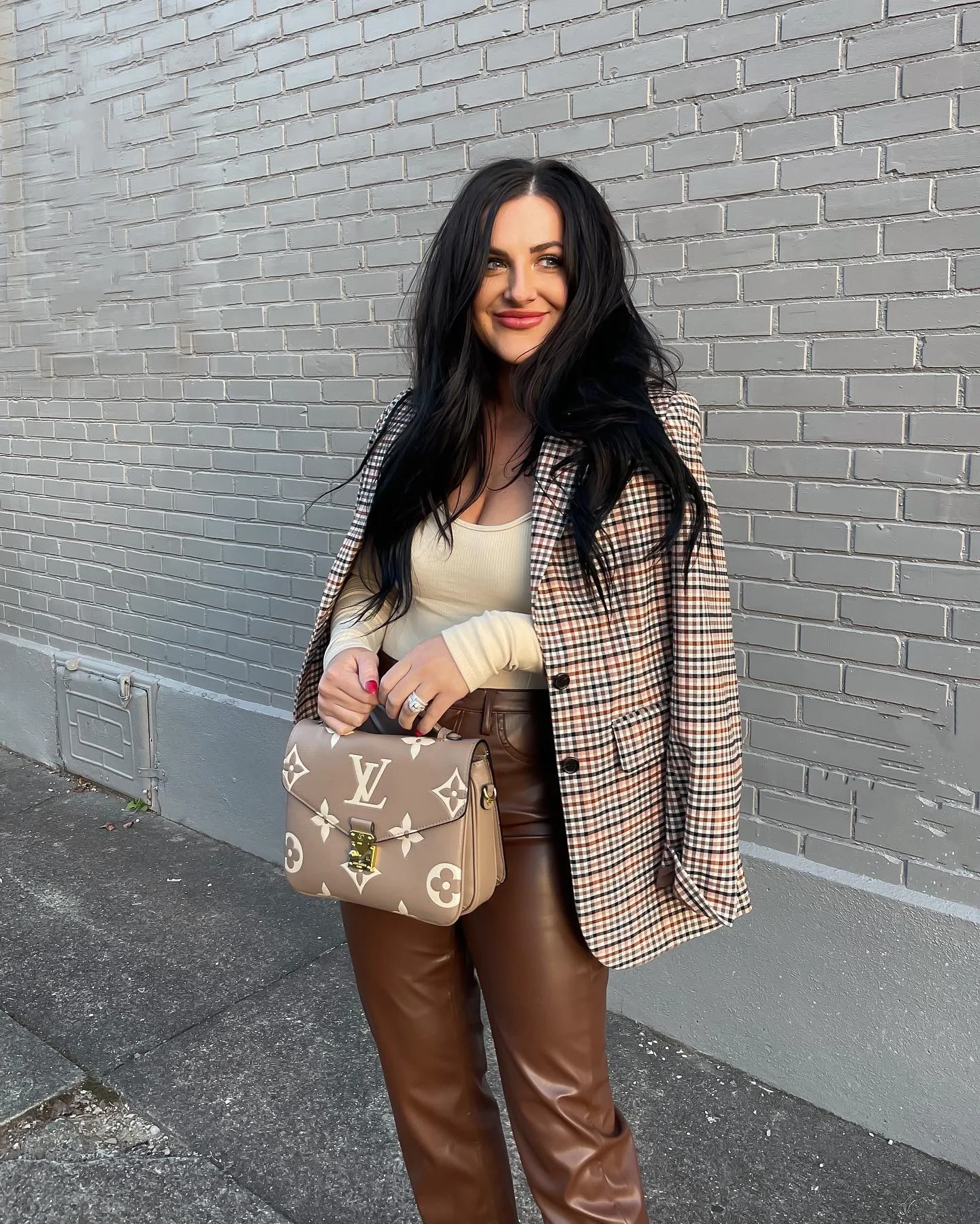 Chic Plaid Blazer With Leather Pants Date Night