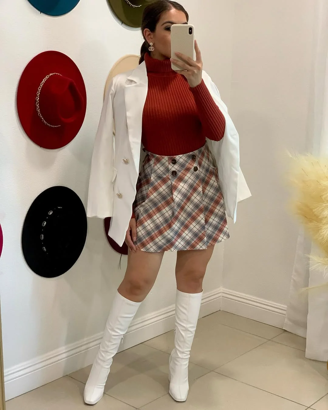 Chic Plaid Mini Skirt With White Knee-High Boots