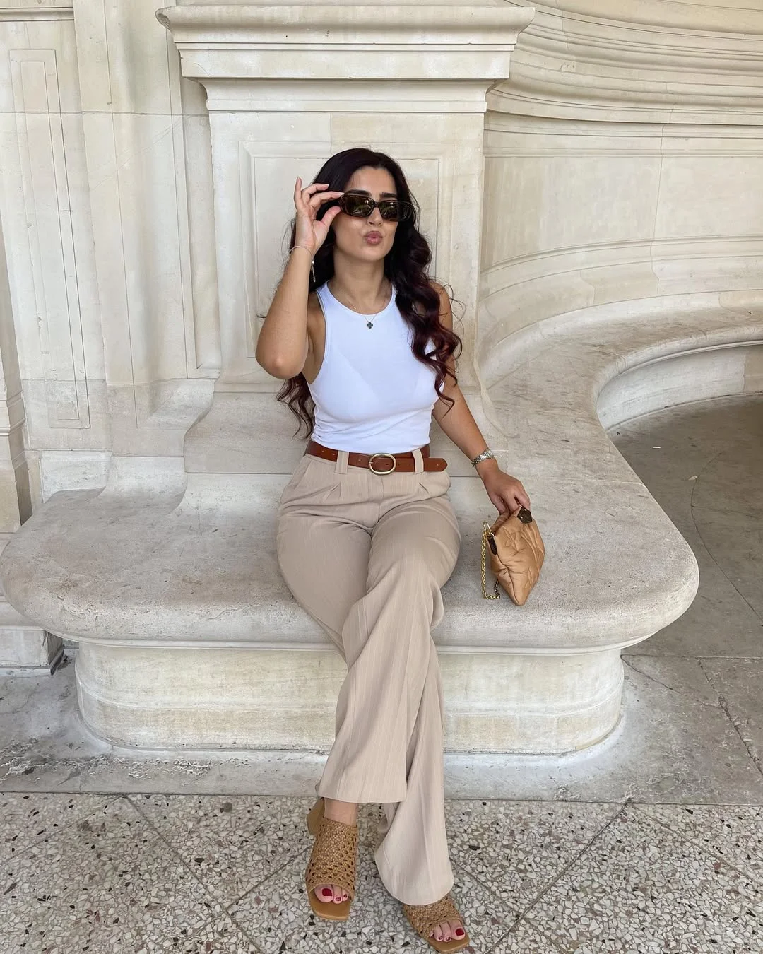 Chic Tan Trousers With White Tank And Woven Sandals