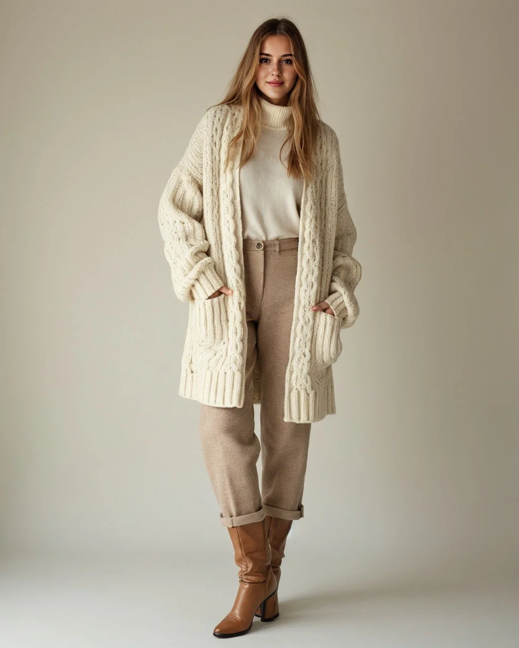 Chunky Cable Knit Cardigan With Tan Trousers