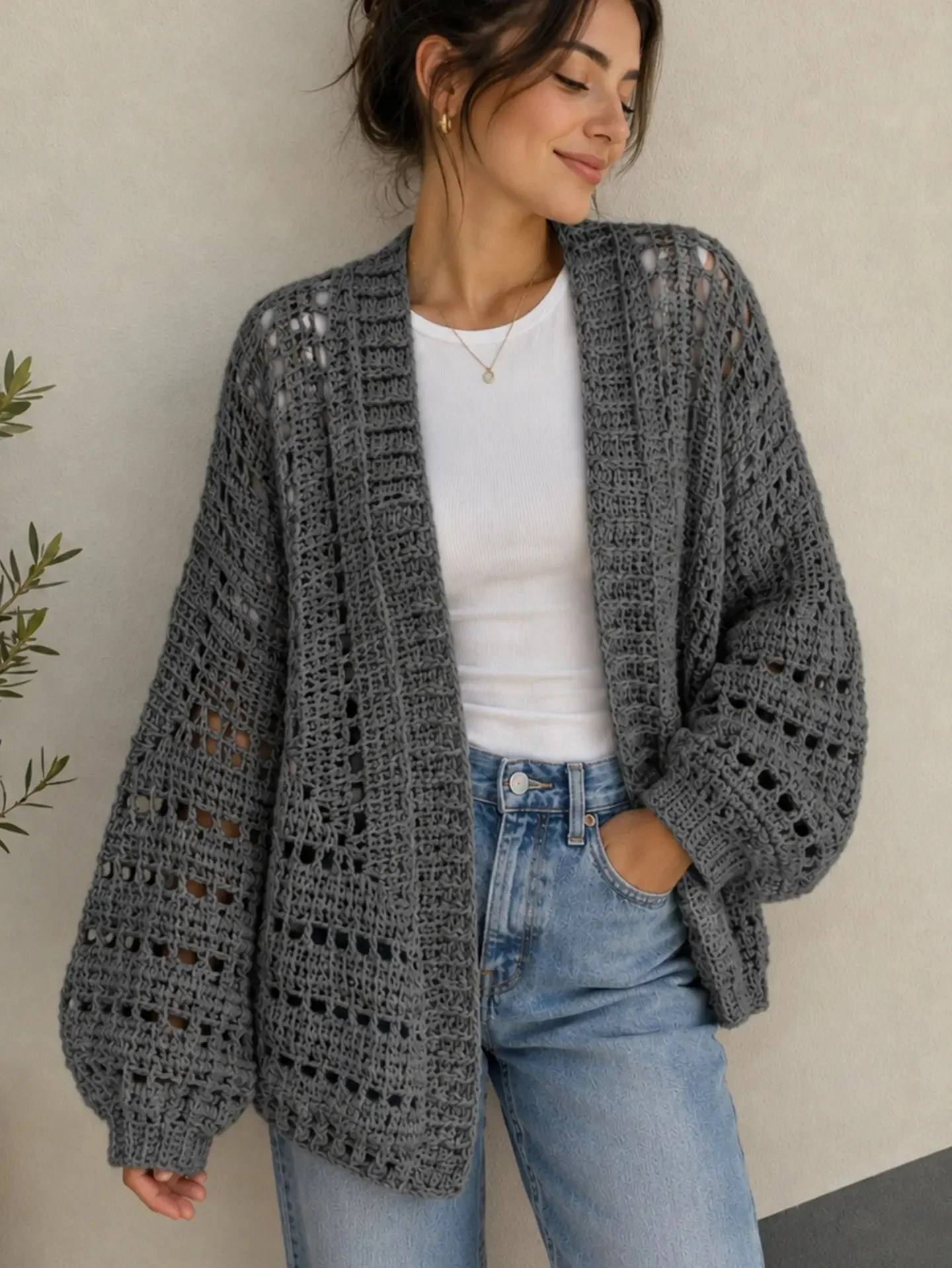 Chunky Crochet Cardigan With Classic Denim