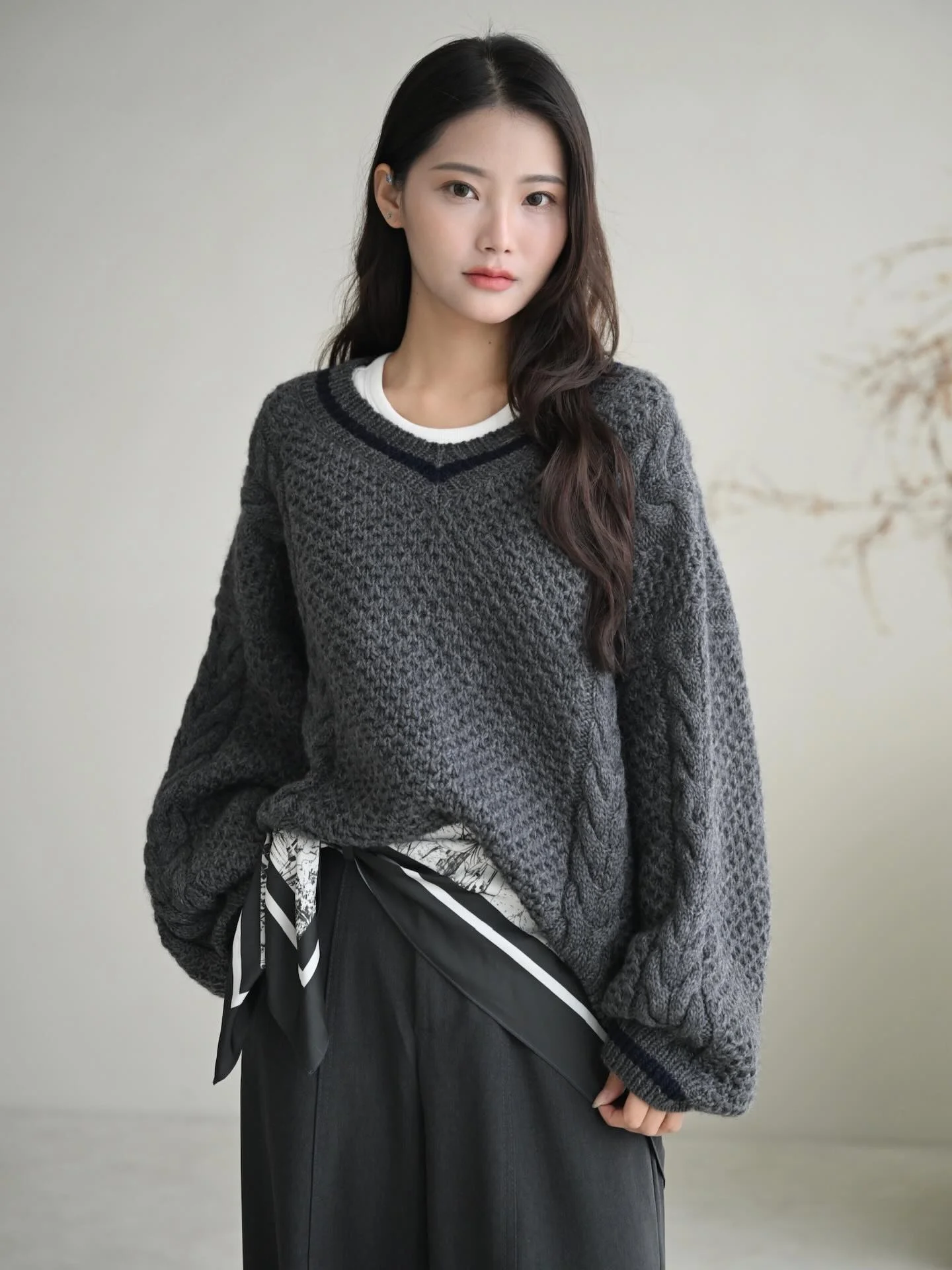 Chunky Knit V-Neck With Wide Leg Trousers