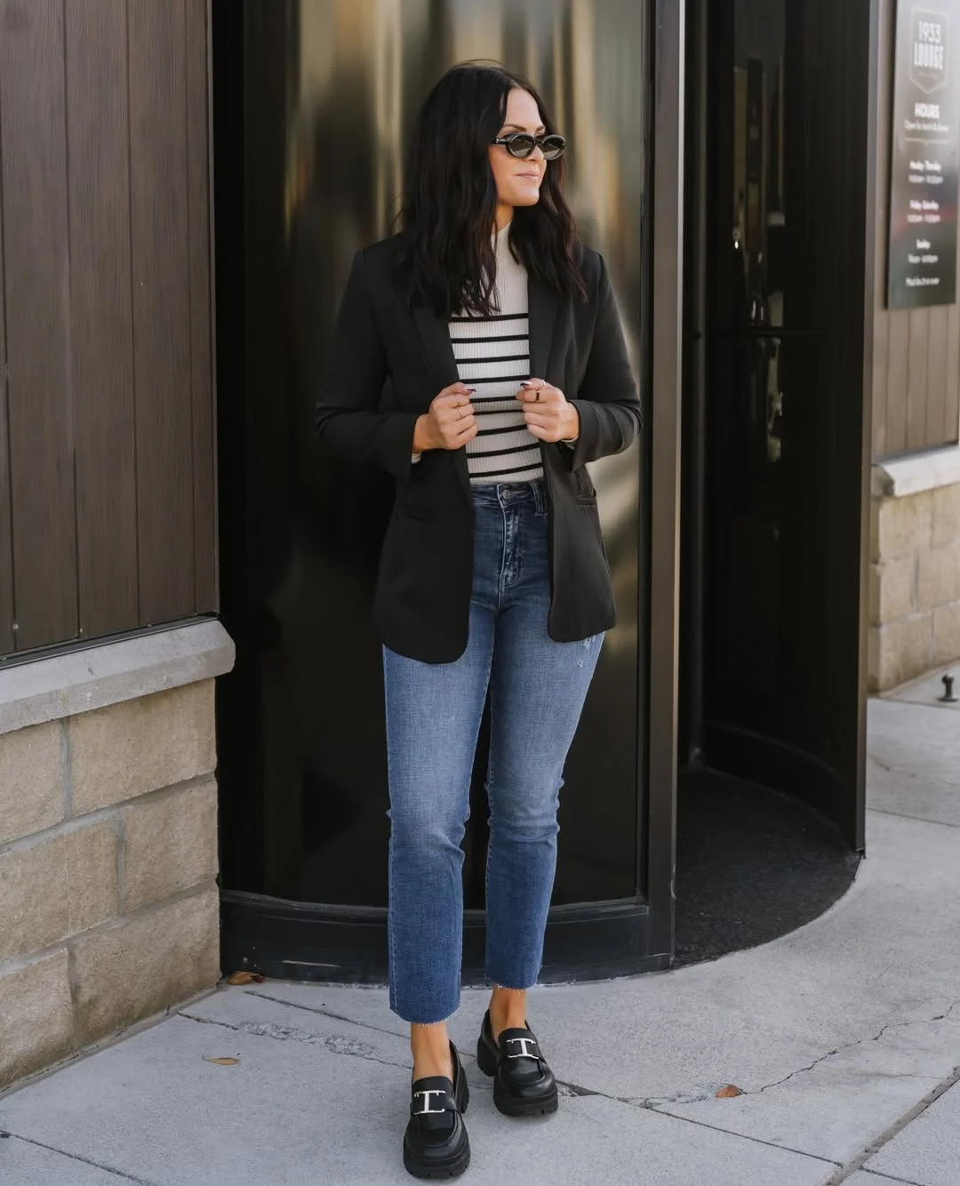 Classic Black Blazer With Striped Top and Jeans