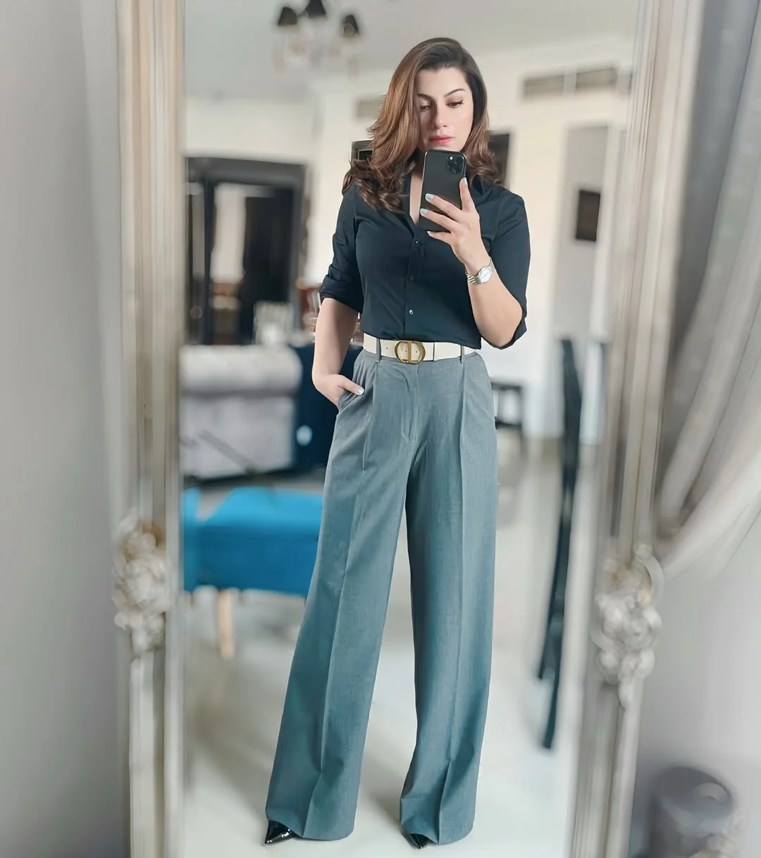 Classic Black Shirt With Grey Wide-Leg Trousers