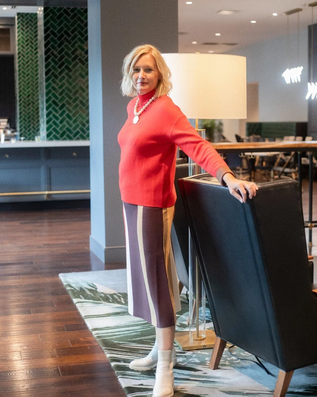 Colorblocked Midi Skirt With Red Turtleneck