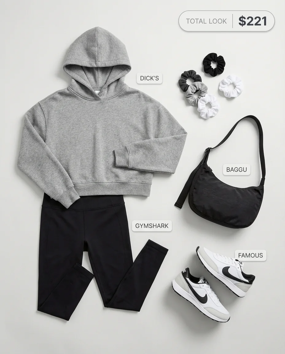 Comfortable black seamless performance leggings with a cropped grey hoodie and white chunky sneakers for gym to street summer leggings outfits 2026. Features a black cross-body pouch for errands.