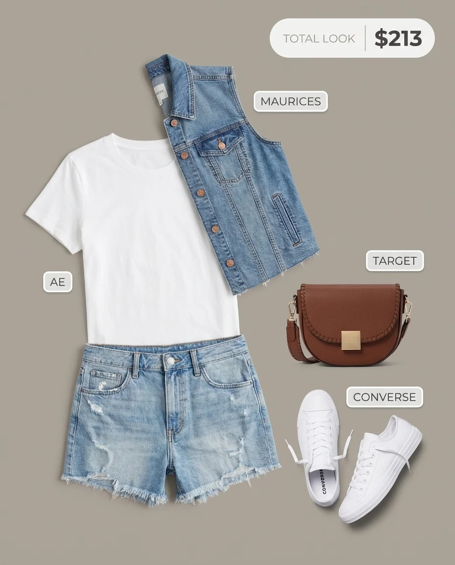 Cool denim-on-denim summer streetwear with a cropped denim vest, white tee, frayed shorts, white sneakers, and a cognac crossbody for a casual festival look.