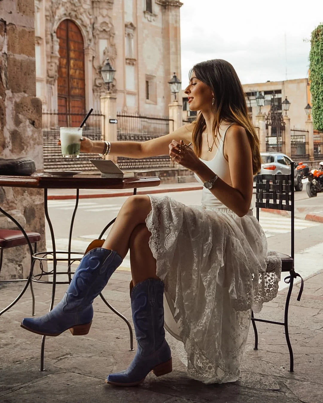 Cowboy Boots With White Lace Dress Street Style