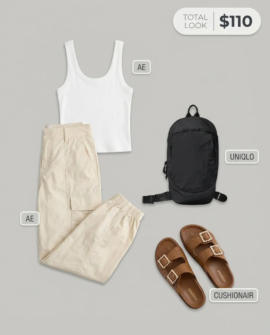 Cozy beige high-waisted cargo pants with a white ribbed tank top, brown slide sandals, and a black baseball cap for a relaxed summer athleisure outfit perfect for a coffee run.