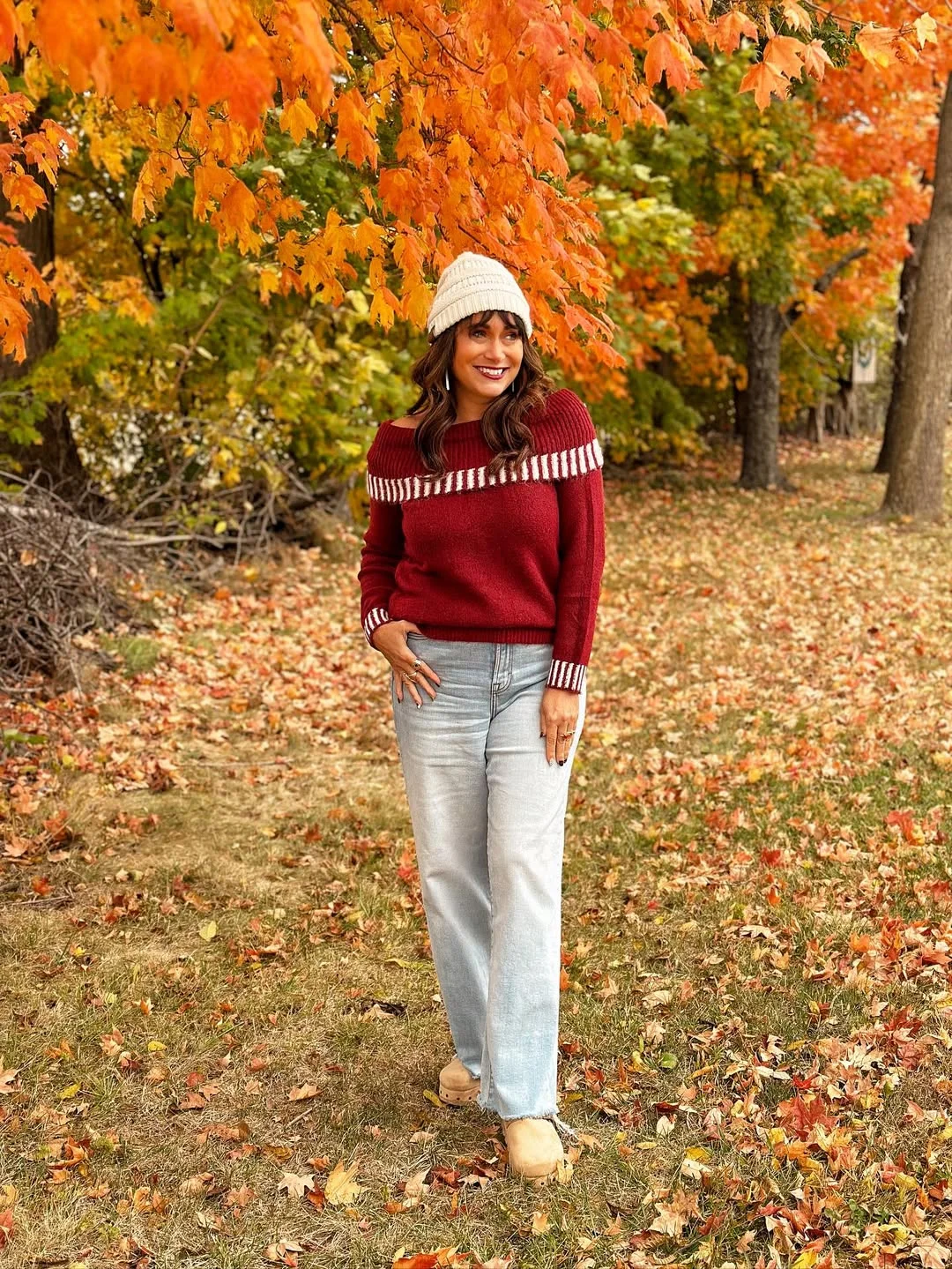 Cozy Burgundy Off-Shoulder Sweater With Light Wash Jeans
