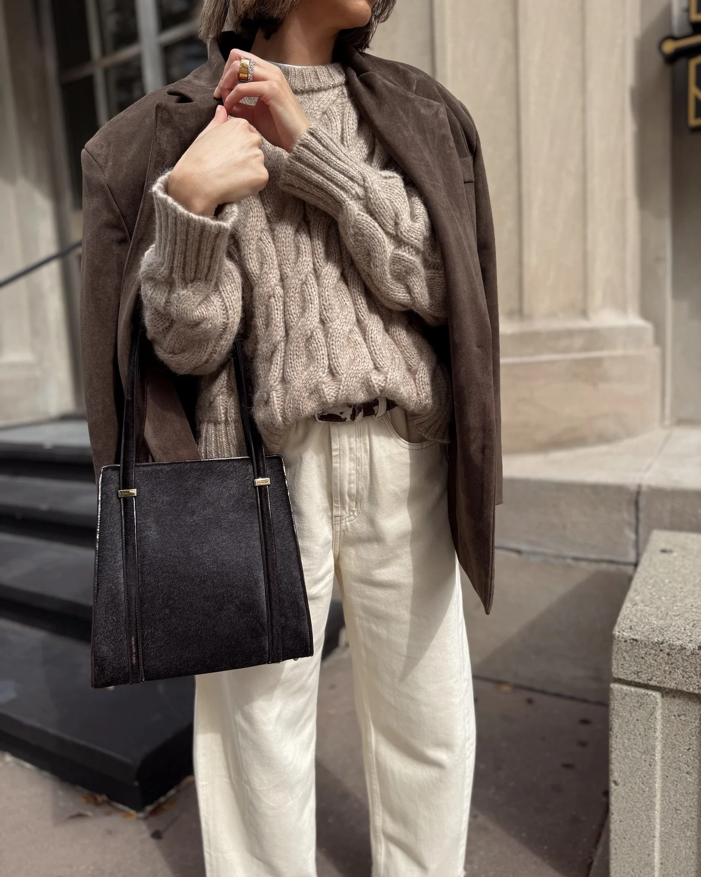 Cozy Cable Knit And Cream Denim Street Style
